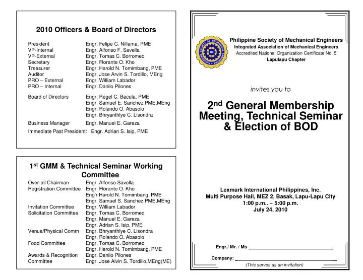 invites you to 2 nd general membership meeting technical seminar election of bod
