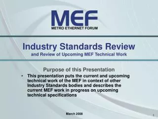 Industry Standards Review and Review of Upcoming MEF Technical Work