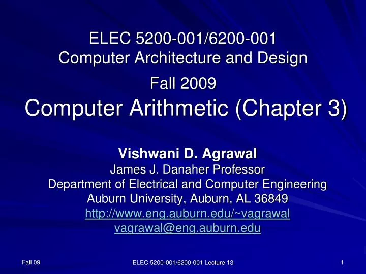 elec 5200 001 6200 001 computer architecture and design fall 2009 computer arithmetic chapter 3