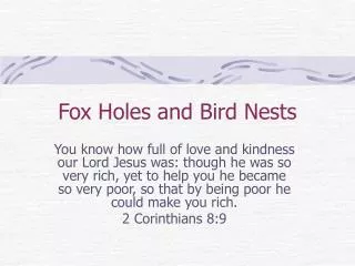 Fox Holes and Bird Nests