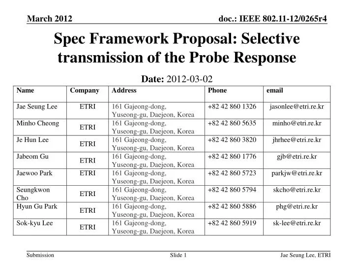 spec framework proposal selective transmission of the probe response