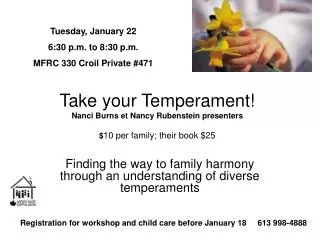 Take your Temperament! Nanci Burns et Nancy Rubenstein presenters $ 10 per family; their book $25