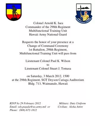 RSVP by 29 February 2012 Military: Duty Uniform