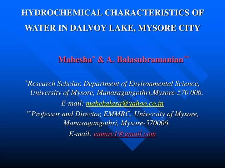 hydrochemical characteristics of water in dalvoy lake mysore city