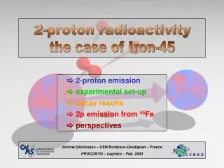 ? 	2-proton emission 	?	experimental set-up 	?	decay results 	?	2p emission from 45 Fe