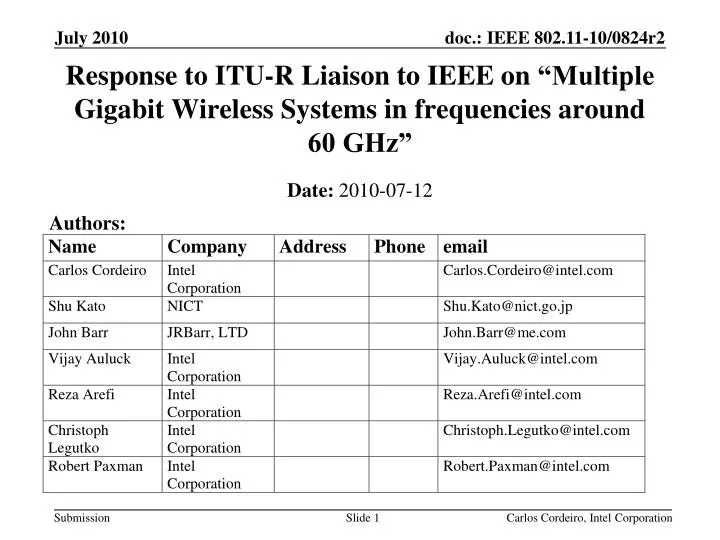 response to itu r liaison to ieee on multiple gigabit wireless systems in frequencies around 60 ghz