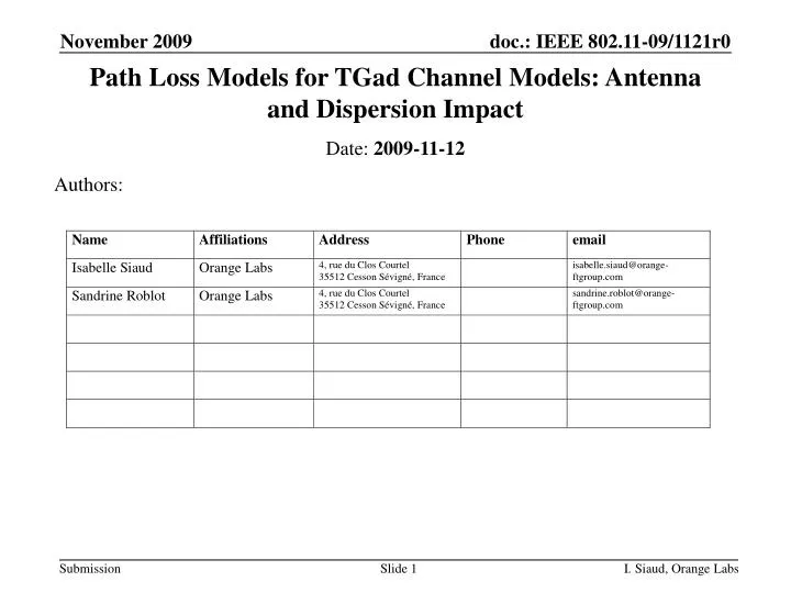path loss models for tgad channel models antenna and dispersion impact