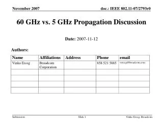 60 GHz vs. 5 GHz Propagation Discussion