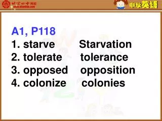 A1, P118 1. starve Starvation 2. tolerate tolerance 3. opposed opposition
