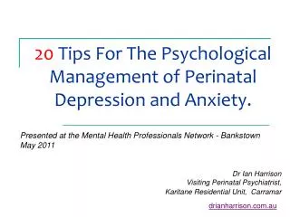 20 Tips For The Psychological Management of Perinatal Depression and Anxiety.