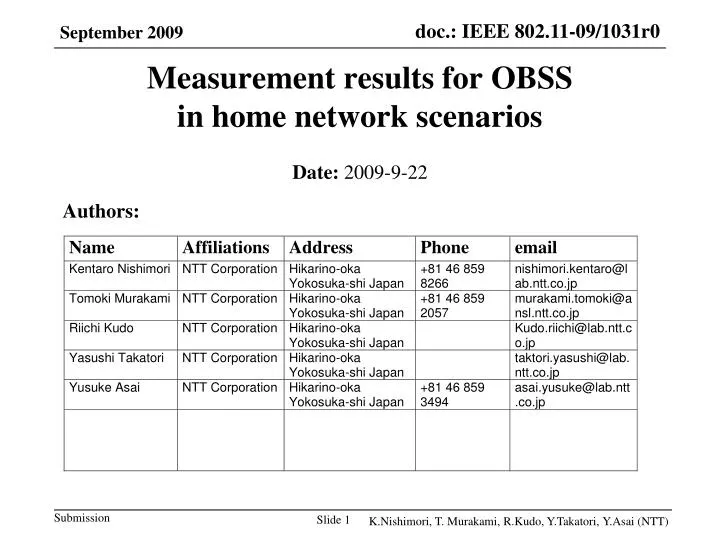 measurement results for obss in home network scenarios