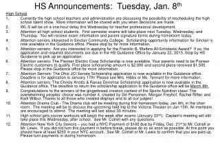 HS Announcements: Tuesday, Jan. 8 th