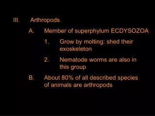 III.	 Arthropods 	A.	Member of superphylum ECDYSOZOA