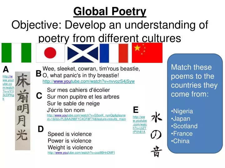 global poetry objective develop an understanding of poetry from different cultures