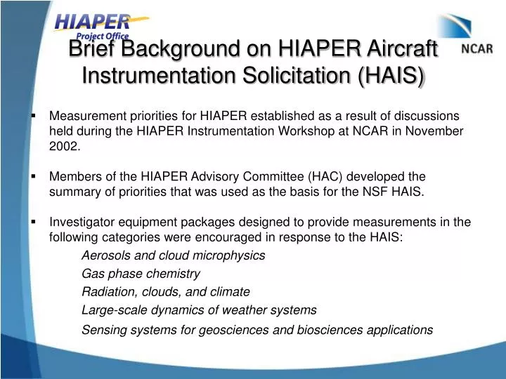brief background on hiaper aircraft instrumentation solicitation hais