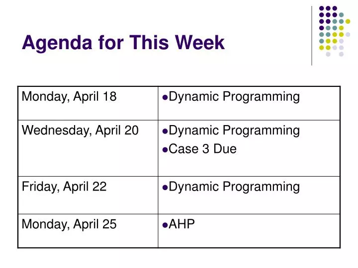 agenda for this week
