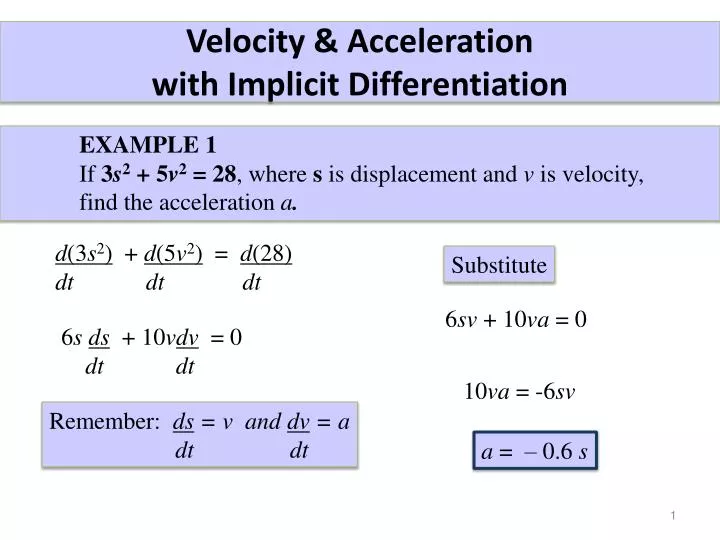 velocity acceleration with implicit differentiation