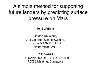a simple method for supporting future landers by predicting surface pressure on mars