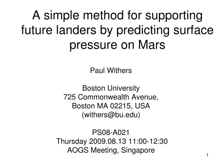 a simple method for supporting future landers by predicting surface pressure on mars