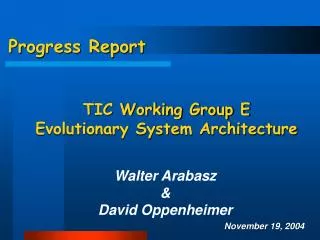 Progress Report TIC Working Group E Evolutionary System Architecture