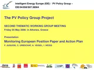 The PV Policy Group Project SECOND THEMATIC WORKING GROUP MEETING