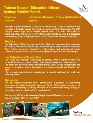 Trainee Keeper (Education Officer) Sydney Wildlife World