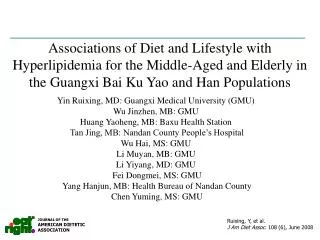 Ruixing, Y, et al. J Am Diet Assoc. 108 (6), June 2008