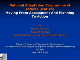 National Adaptation Programme of Actions (NAPAs) Moving From Assessment And Planning To Action