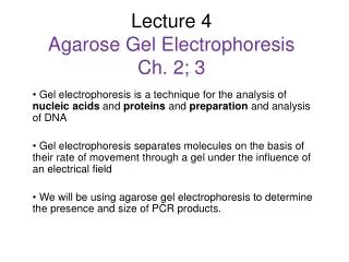 Lecture 4 Agarose Gel Electrophoresis Ch. 2; 3