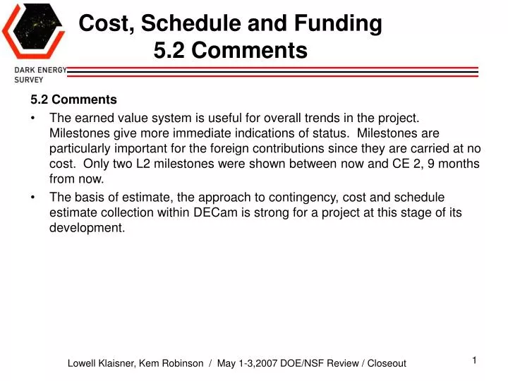 cost schedule and funding 5 2 comments