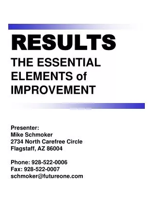 RESULTS THE ESSENTIAL ELEMENTS of IMPROVEMENT Presenter: Mike Schmoker 2734 North Carefree Circle