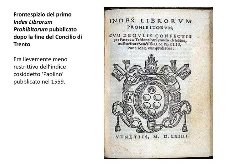 frontespizio del primo index librorum prohibitorum pubblicato dopo la fine del concilio di trento