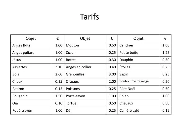 tarifs