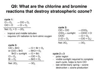 Q9: What are the chlorine and bromine reactions that destroy stratospheric ozone?