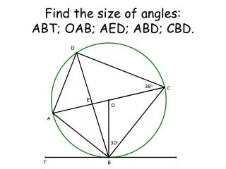 Find the size of angles: ABT; OAB; AED; ABD; CBD.