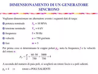 dimensionamento di un generatore sincrono