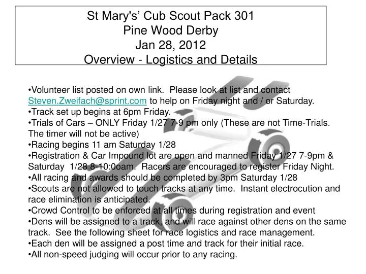 st mary s cub scout pack 301 pine wood derby jan 28 2012 overview logistics and details