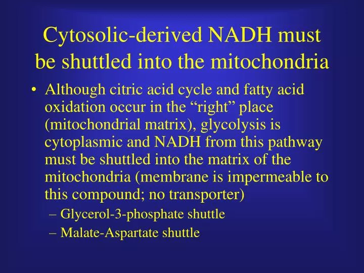 cytosolic derived nadh must be shuttled into the mitochondria