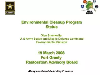 Environmental Cleanup Program Status Glen Shonkwiler U. S Army Space and Missile Defense Command