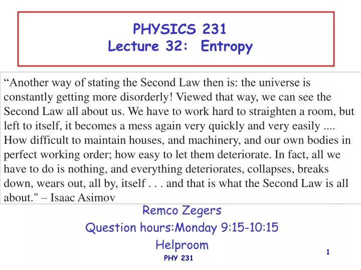 physics 231 lecture 32 entropy