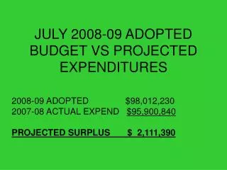JULY 2008-09 ADOPTED BUDGET VS PROJECTED EXPENDITURES