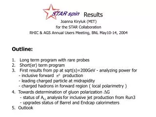 STAR Spin Results Joanna Kiryluk (MIT) for the STAR Collaboration