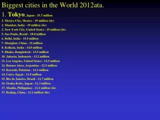 Biggest cities in the World 2012ata. 1. Tokyo , Japan - 35.7 million