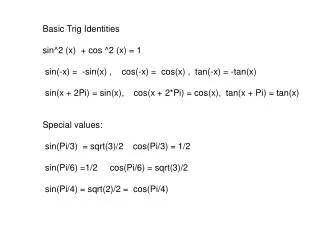 Basic Trig Identities sin^2 (x) + cos ^2 (x) = 1