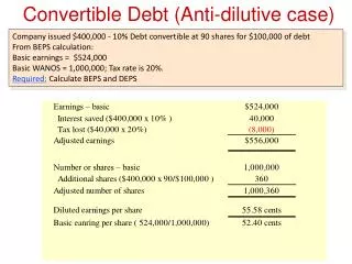 Convertible Debt (Anti-dilutive case) Example