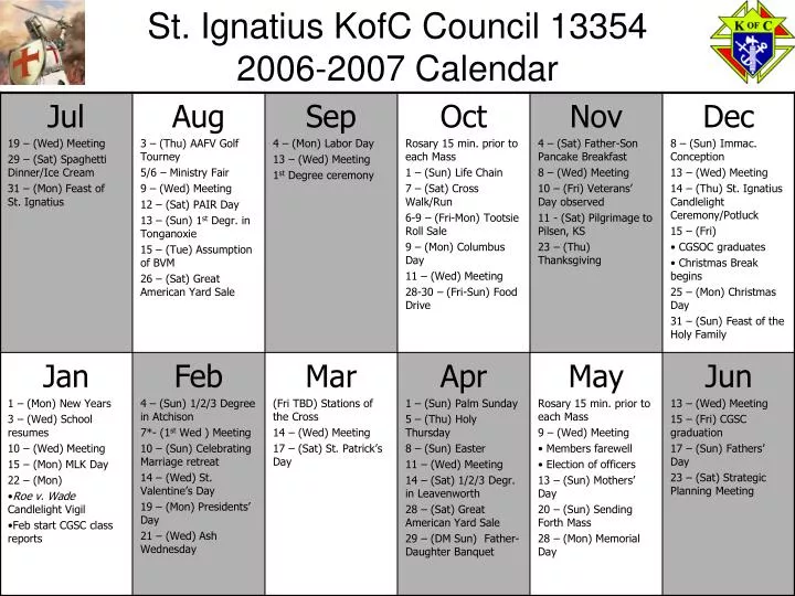 st ignatius kofc council 13354 2006 2007 calendar