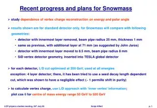 Recent progress and plans for Snowmass
