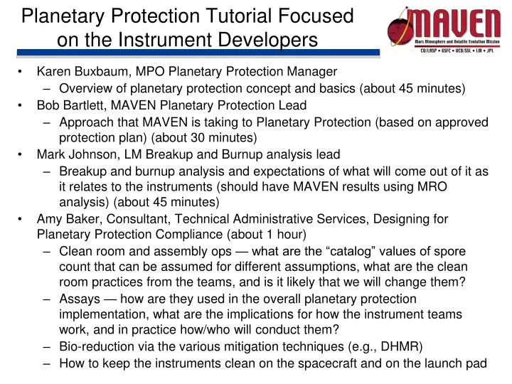 planetary protection tutorial focused on the instrument developers