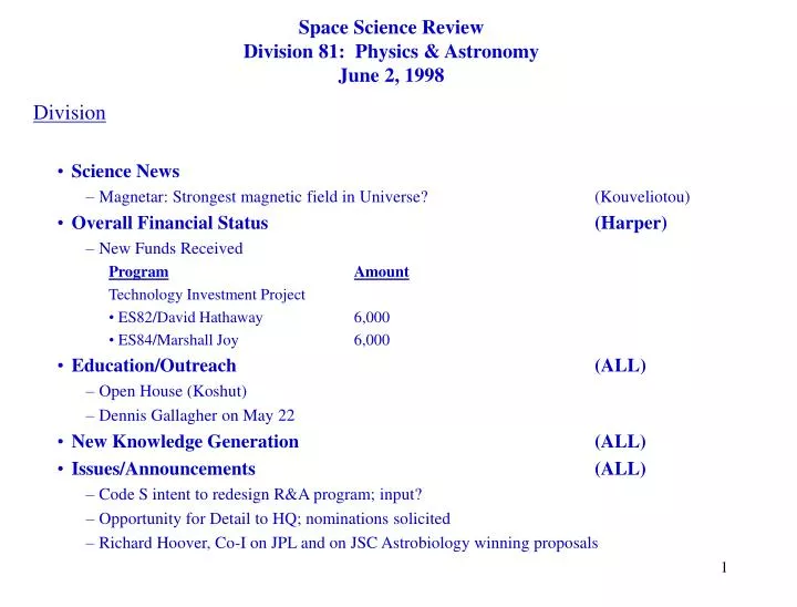 space science review division 81 physics astronomy june 2 1998
