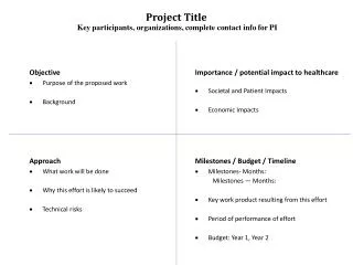 Project Title Key participants, organizations, complete contact info for PI